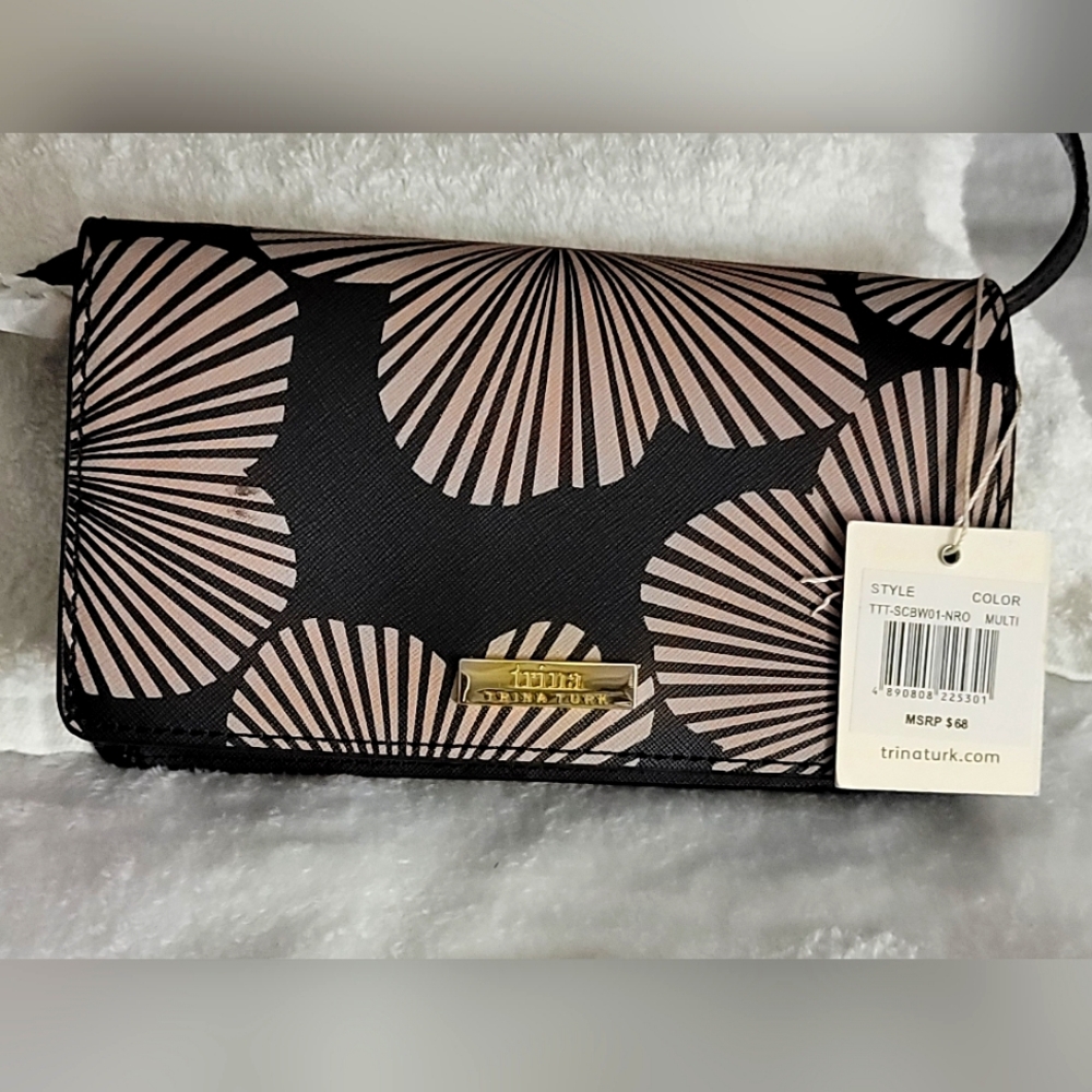 Trina Turk Floral Crossbody Bag Cell Phone organizer Shoulder Purse Black Pink